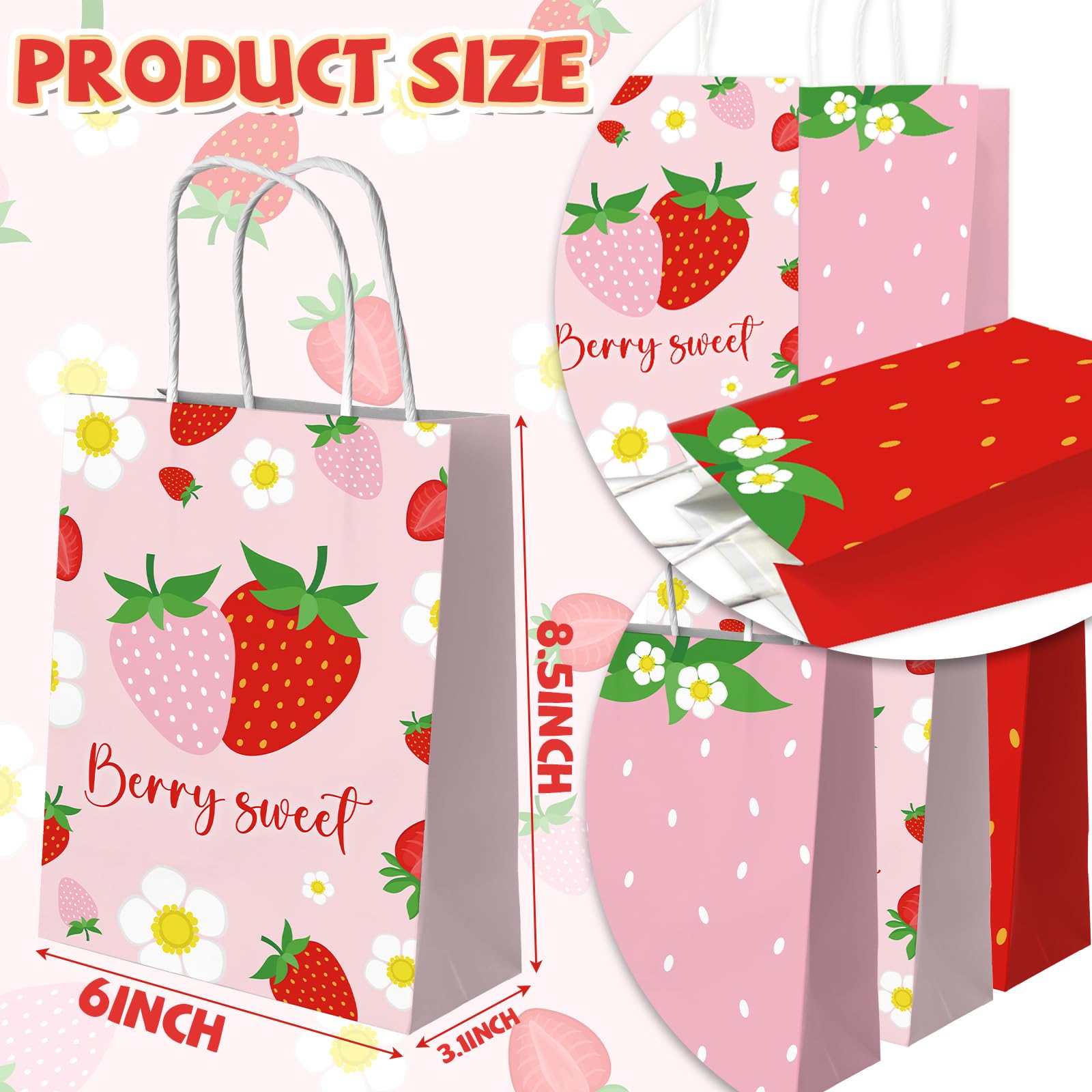 Dydamud Strawberry Paper Bags, 12 Pack Strawberry Goodie Bags With Handles, Strawberry Paper Party Favor Bags For Kids Birthday, Baby Shower, Strawberry Candy Bags for Strawberry Party Decorations