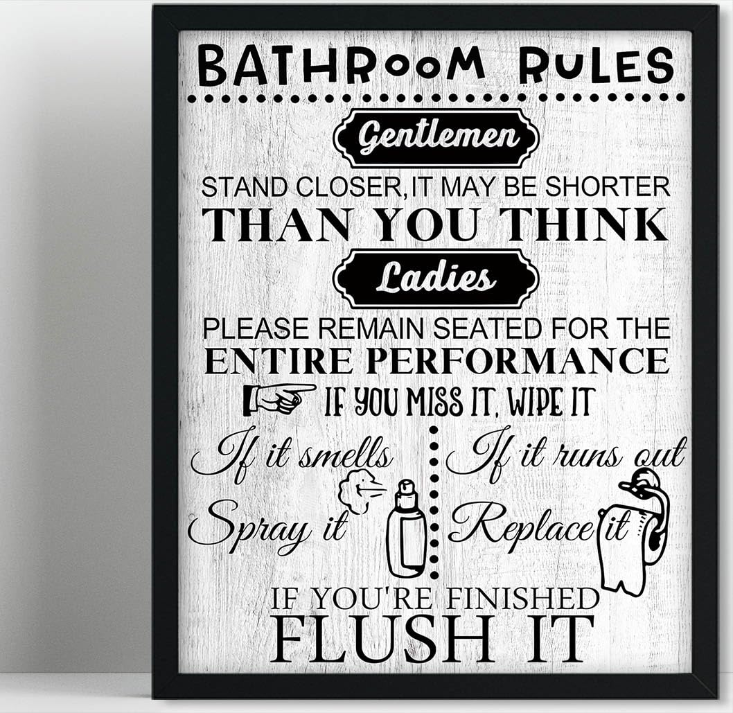 Amazon.com: Biufo Black White Bathroom Rules Framed Wall Art Canvas ...
