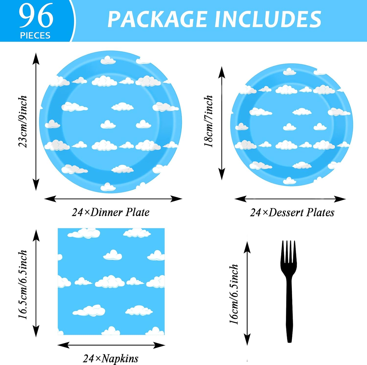 Blue Sky 96 Pc White Clouds Party Plates & Napkins - Cartoon Story Tableware Set - Clouds Theme Decorations & Favors for Girls & Boys Birthday & Baby Shower - Serves 24 - Image 2