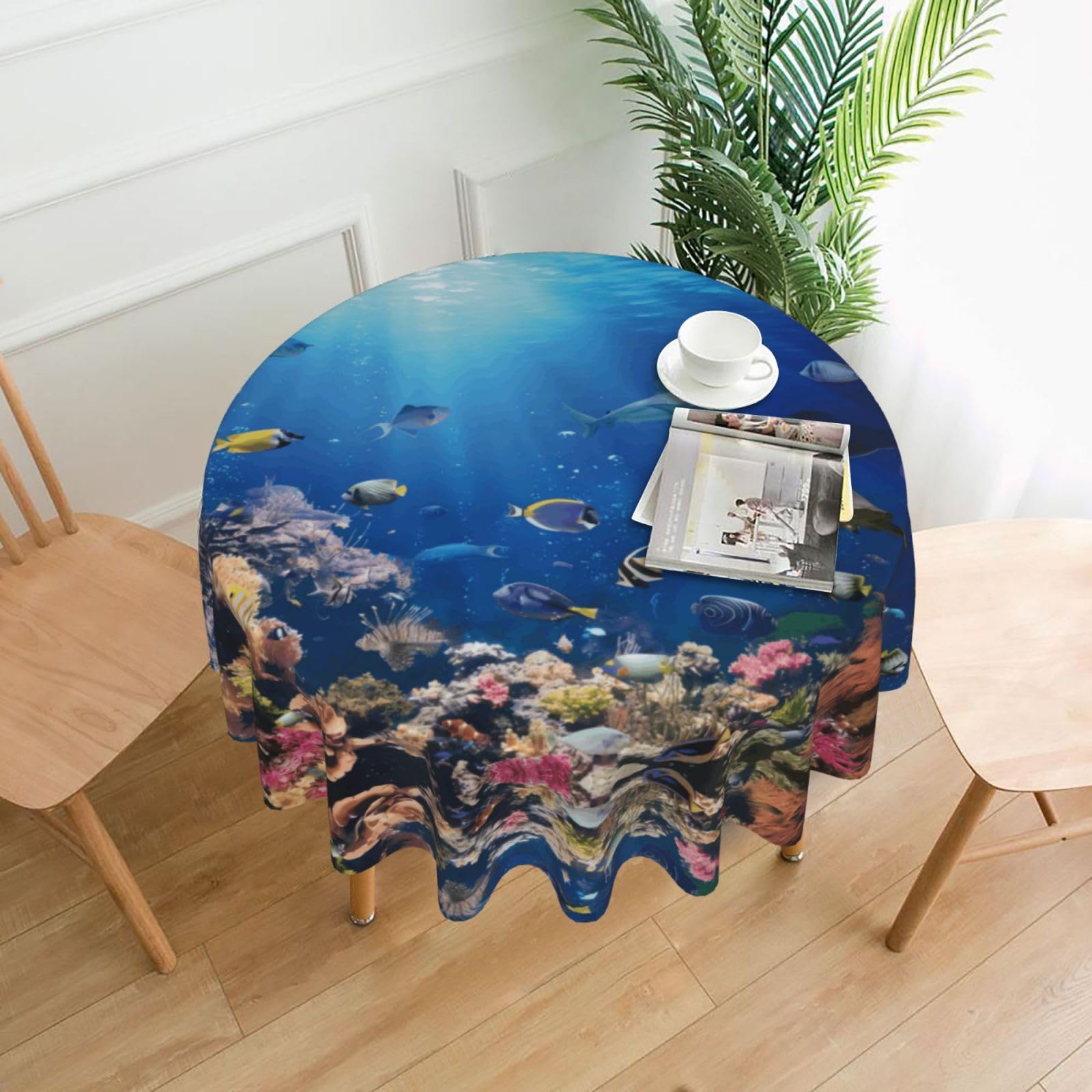 YYHWHJDE Ocean Tropical Fish Turtle Shark Prints Round Decorative Tablecloth 60in - High-Grade Polyester Throw for Elegant Dining & Festive Gatherings