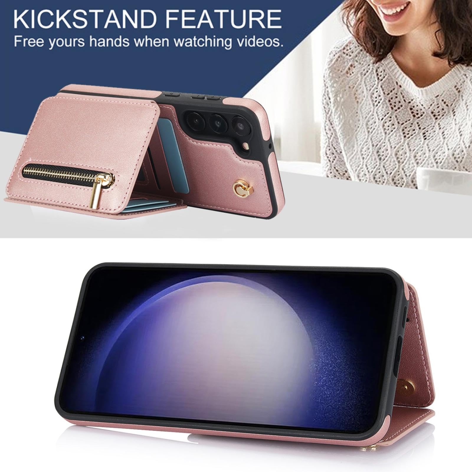 Etui do Samsung S22Ultra smycz crossbody, zamek błyskawiczny, karty, podpórka, kieszeń portmonetka pokrowiec (dla Samsung S22Ultra/ciemnofioletowy)