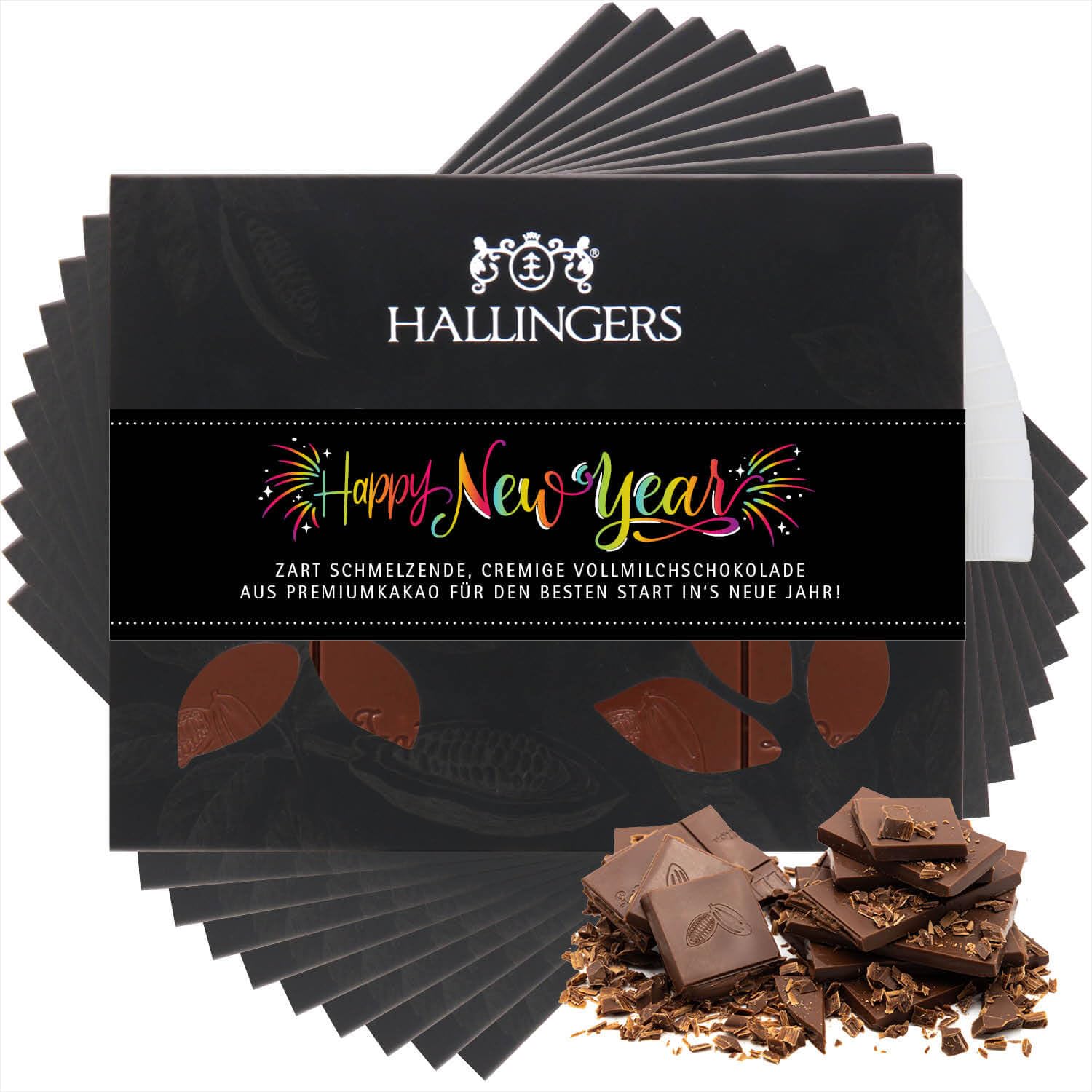 Hallingers Genuss Manufaktur Schokolade Weihnachts-Geschenk - Tafel Edelkakao handgeschöpft ohne Alkohol edler Karton 10x "Happy New Year ..." Pur, Weihnachten für Frauen Männer