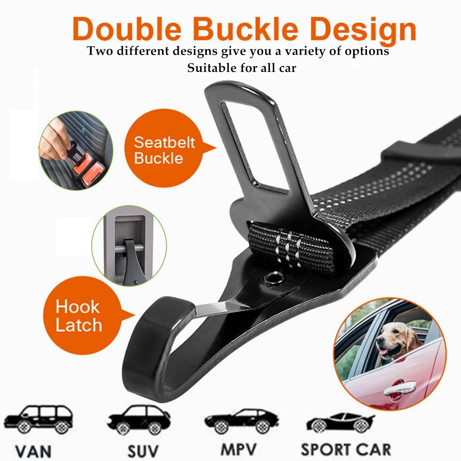 Dog Seat Belt,Adjustable Dog Seatbelt for Car,3 in 1 Dog Safety Belt Leash,Reflective Bungee Dog Car Seatbelt with Hook& Buckle, Dog Car Seat Belt with Aviation Zinc Alloy Rotatable Carabiner - image 2