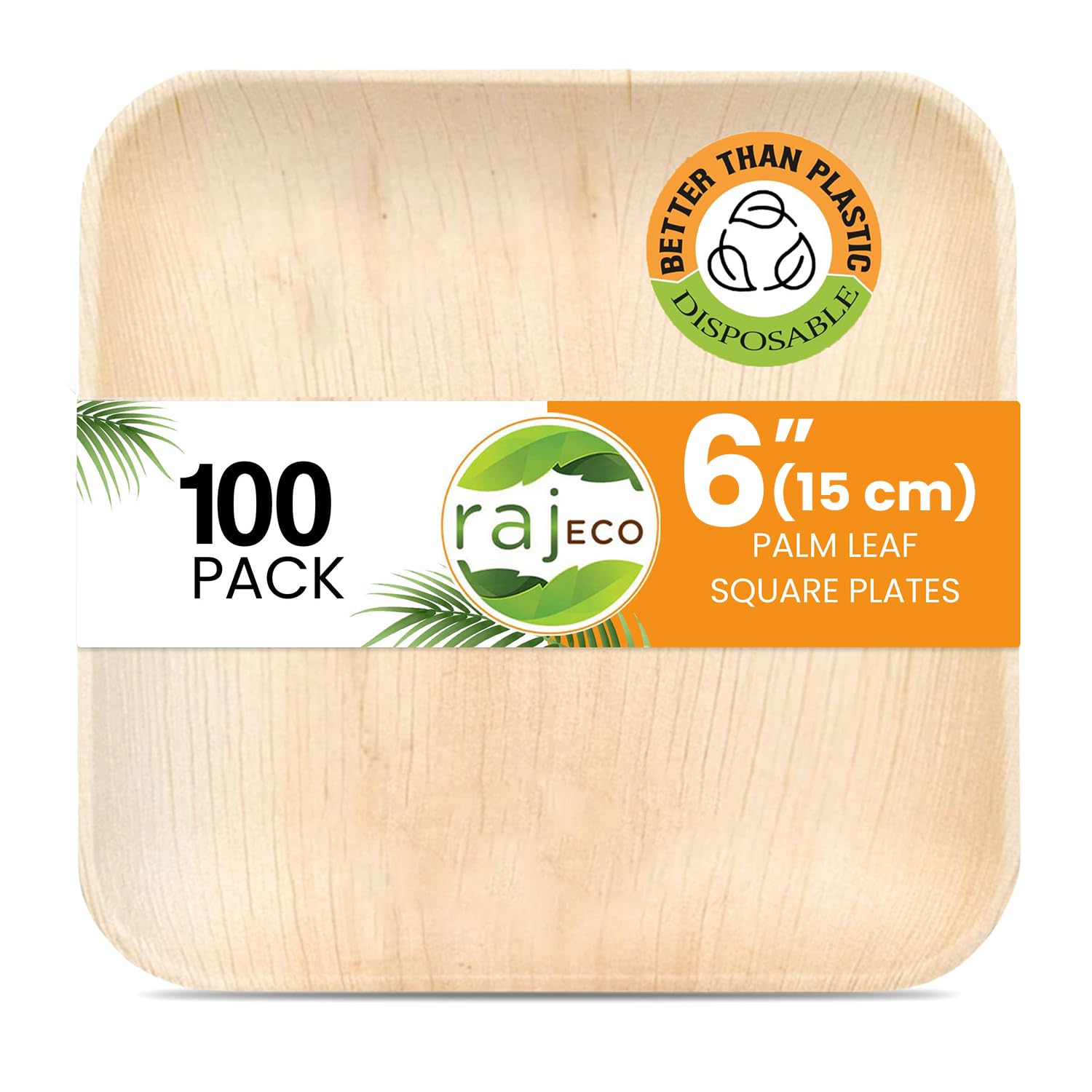 Raj Palm Leaf Plates [100-Pack] 6" (15 Cm) Square Plates Disposable, Strong, Decorative Compostable Tableware for Wedding, Lunch, Dinner, Birthday, Camping, Outdoor BBQ, Picnic