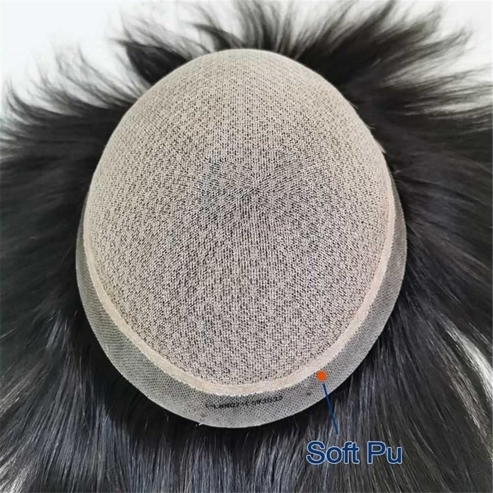 Men's Toupee Posticci for capelli con base in seta, pizzo a diamante, toupee frontale in pizzo for uomo, capelli umani con sottile pelle in PU attorno al sistema di capelli(7x10)