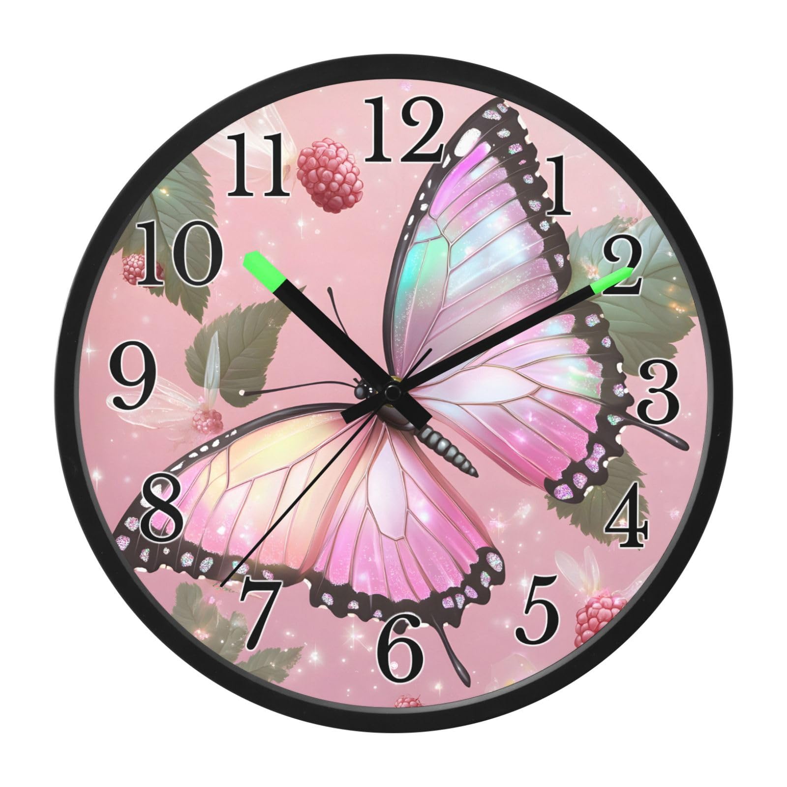 Mnsruu Reloj de pared luminoso con mariposas rosas, reloj de dormitorio, funciona con pilas, silencioso, brilla en la oscuridad, para sala de estar, cocina, 12 pulgadas
