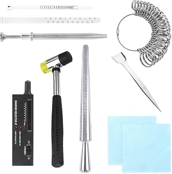 Jewelry Ring Sizer Tool Kit with Ring Mandrel & Diamond Tester Ring Size Gauge Set, Rubber Jewelry Hammer, Ring Measuring Tool, Jewelry Repair Tools & Polishing Cloth for Jewelry Making