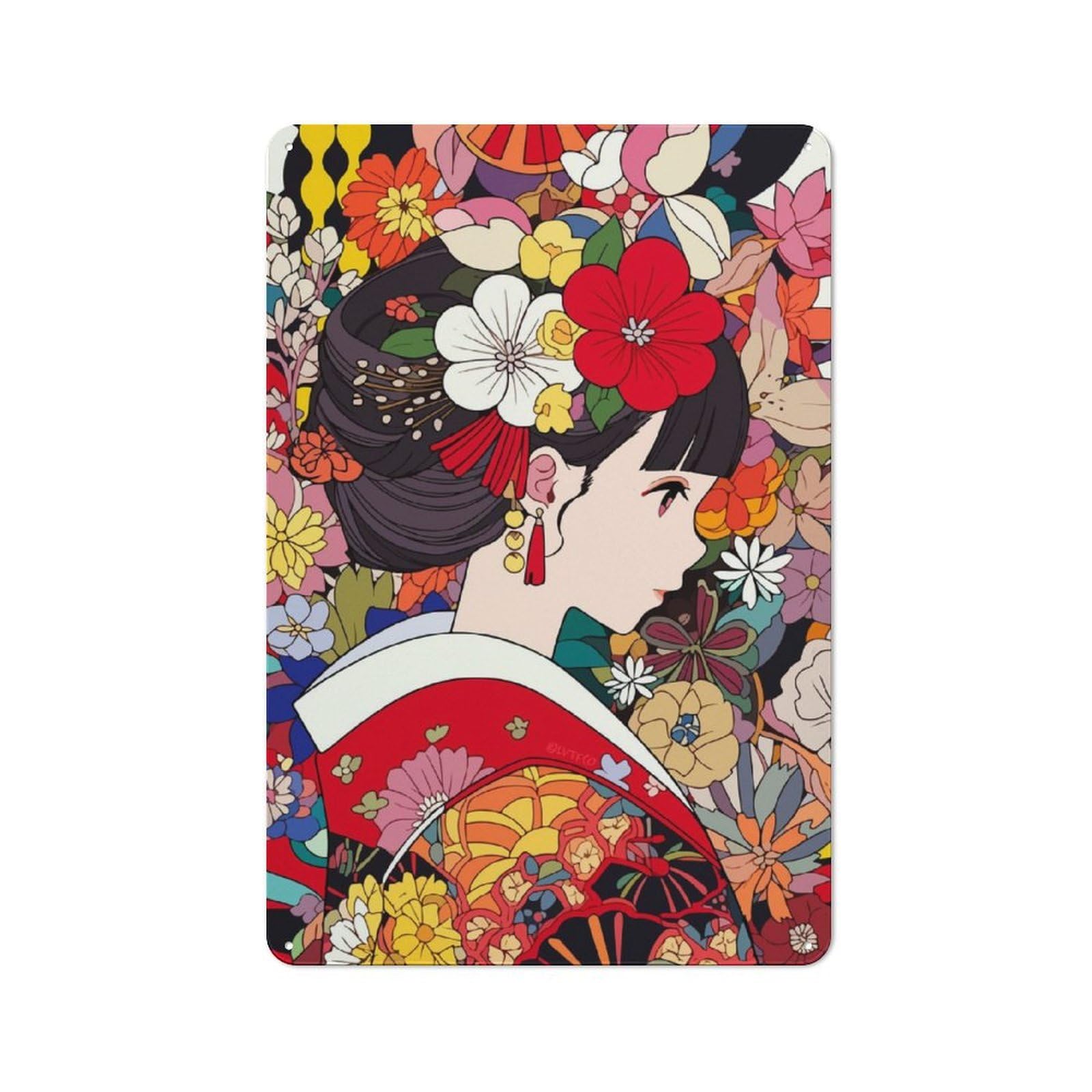 Junmoney Girls Anime Kimono Flowers Vintage Tin Sign 30X20cm With For Guest Room Or Hallway, Suited To Wall Displays In Guest Rooms And Hallways