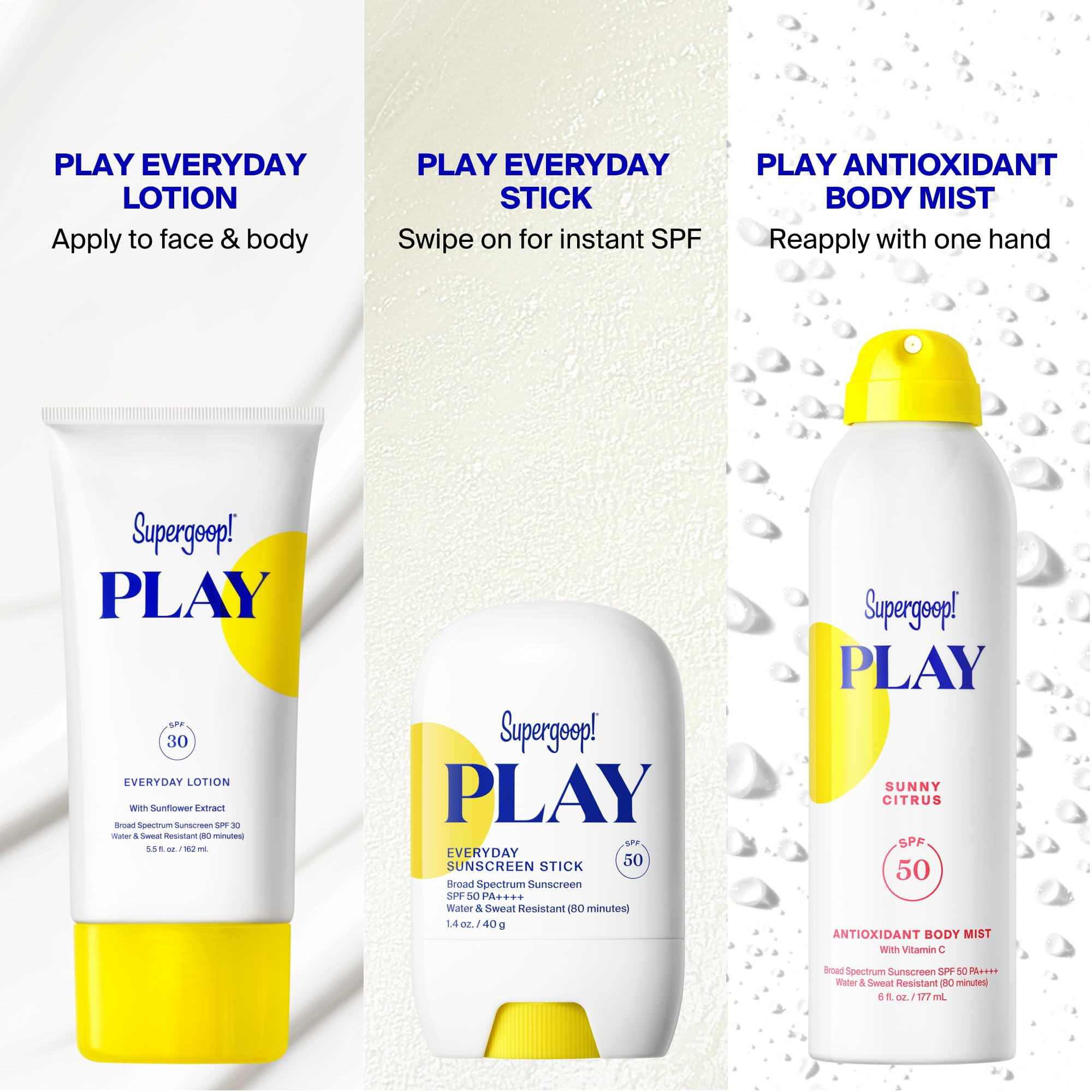 Supergoop ! PLAY Everyday Lotion SPF 50, 2,4 oz – Crème solaire à large spectre sans danger pour les récifs pour peaux sensibles – Crème solaire pour le corps et le visage résistante à l'eau et à la