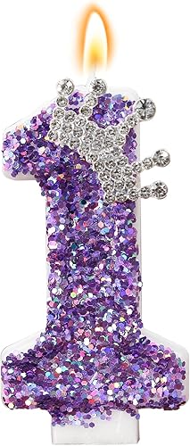 Velas de cumpleaños con número 1, corona morada para tartas, decoración de pastel número 1 con lentejuelas para suministros de celebración de