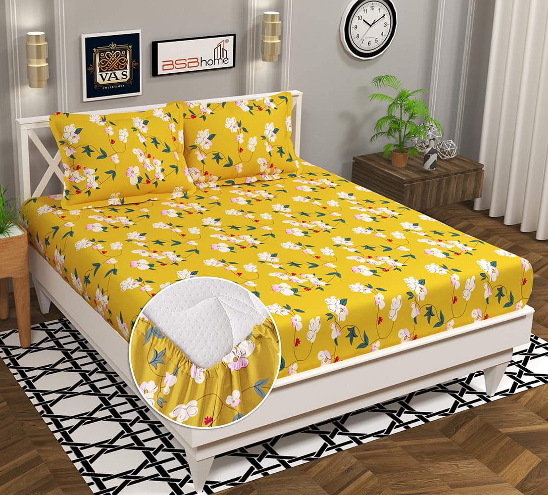 VAS COLLECTIONS Premium Cotton 160tc Elastic Fitted Bedsheets with 2 Pillow Covers | Double Bed with Corner Elastic Wrinkelfree Supersoft Floral Pattren|Size-72 x 68 + 6 inches | Mustarded & Green-image-28