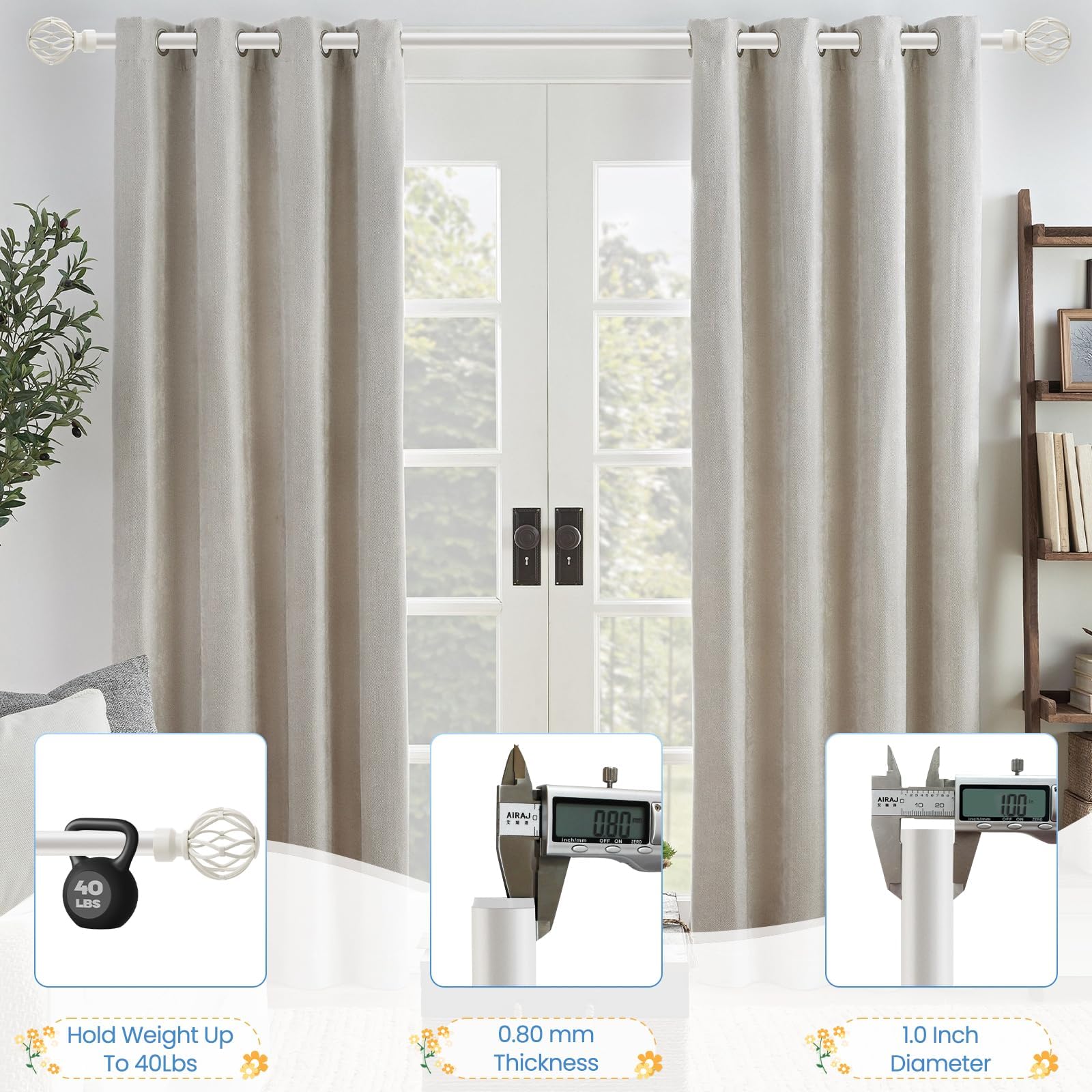 White Curtain Rod 28 to 48 Inch, Heavy Duty Drapery Pole Iron Cage ...
