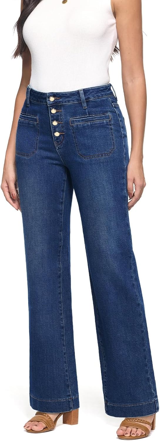 Women's Straight Leg Jeans High Waisted Stretchy Wide Leg Loose Denim Pants with Trendy Buttoned - Image 2