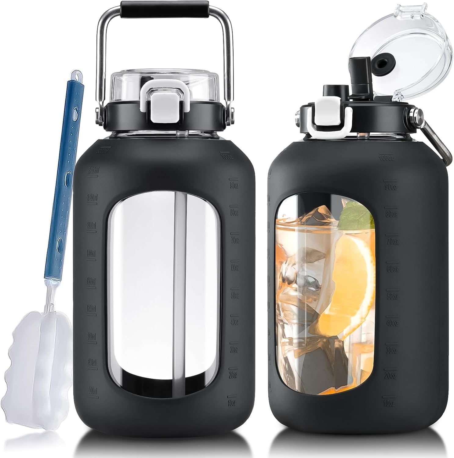 Large Glass Water Bottles with Stainless Steel Handle,100 oz Gallon Drinking Bottle with 2-in-1 Straw Lid,3 Liter Glass Water Jug with Silicone Sleeve,Wide Mouth,Black Black 100 Ounces
