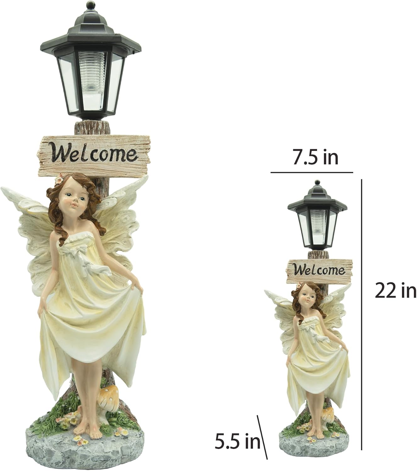 Garden Fairy Solar Light Welcome Sign, 22" in Height, Decorative Outdoor Statue with Auto Light-Up Feature