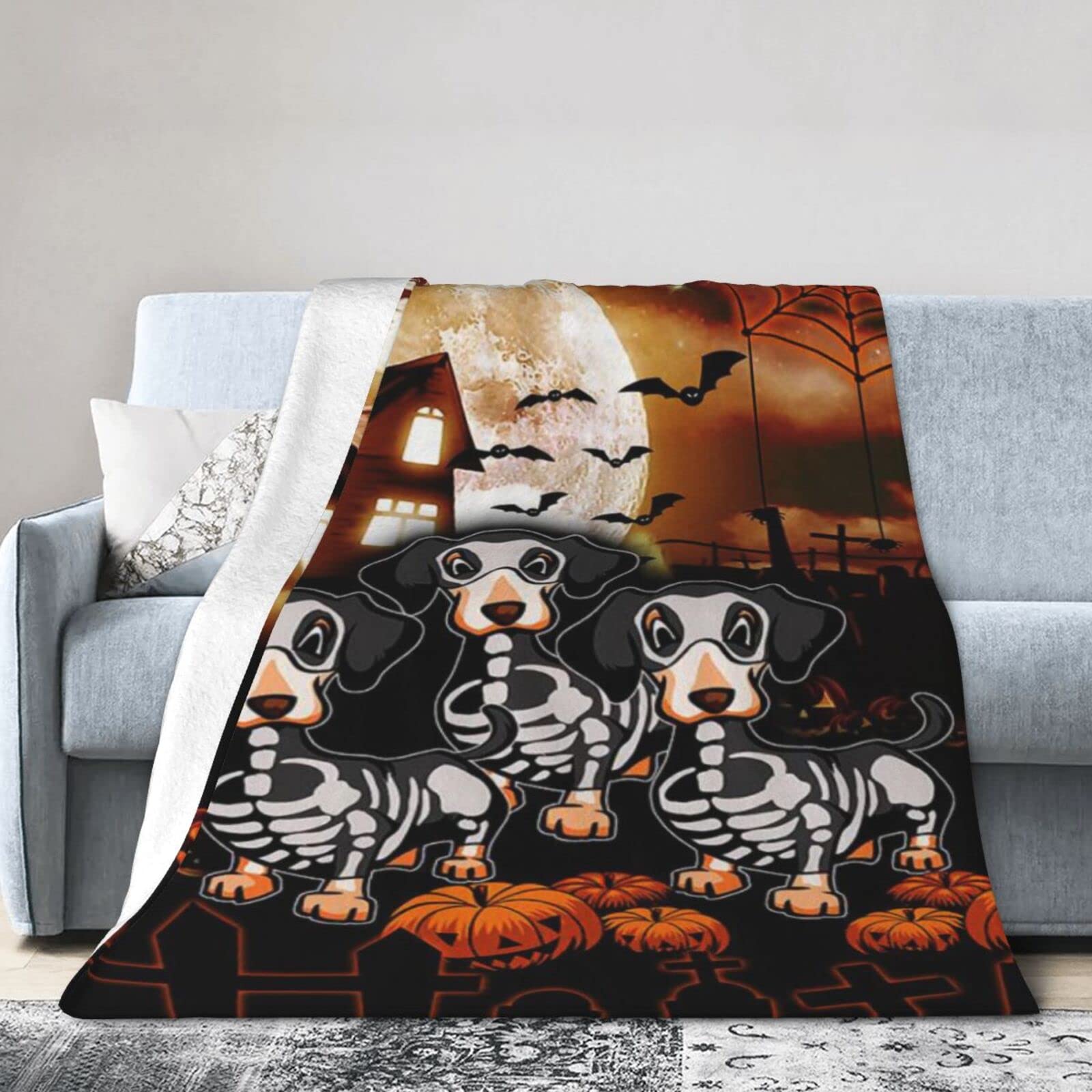 Lsjuee Flannel Fleece Blanket 50"X40" Dachshund in Halloween Costume Happy Halloween Dachshund Sofa Throw Blanket Quality Ultra-Soft Travel Winter Blankets for Kids Keep Warm