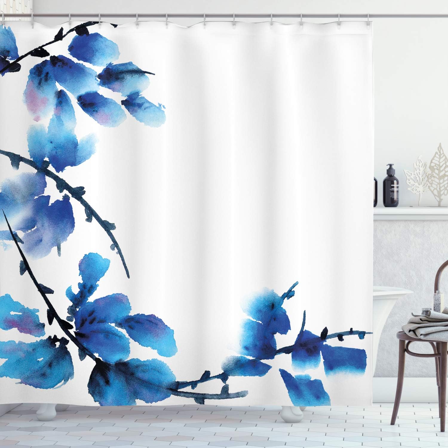 Ambesonne Floral Shower Curtain, Traditional Branches in Watercolor Leaves Petals Botany Beauty Nature Artwork, Cloth Fabric Bathroom Decor Set with Hooks, 69" W x 75" L, Blue Purple