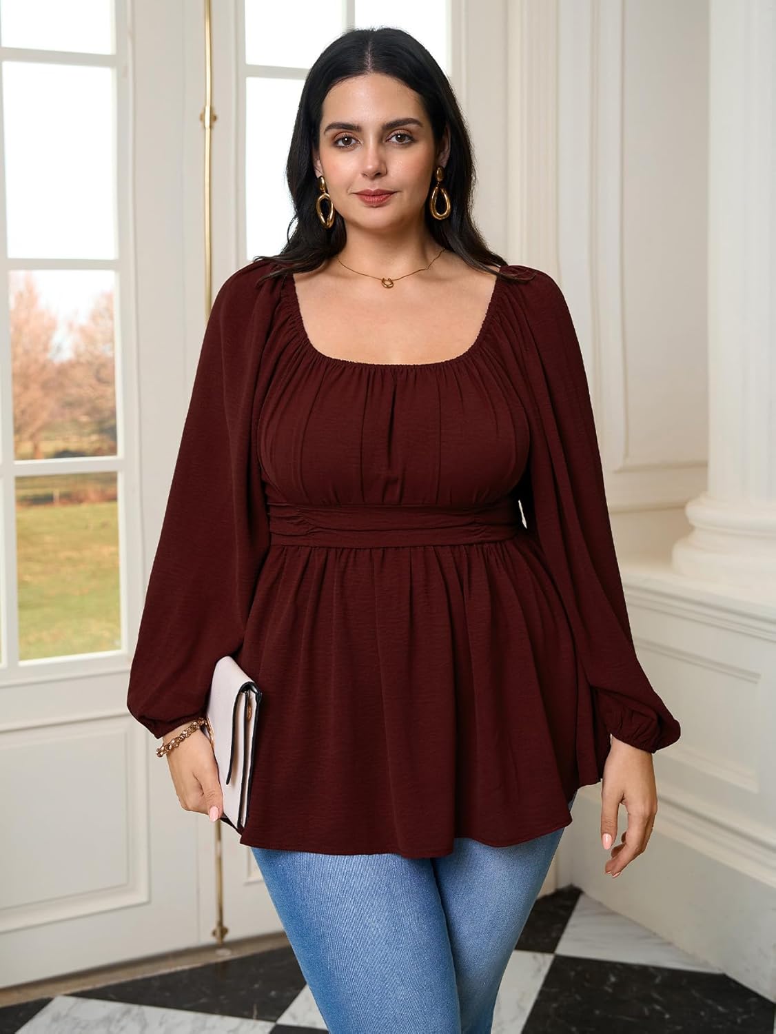 Women’s Plus Size Peplum Top Long Sleeve Square Neck Smocked Waist Babydoll Blouse Flowy Dressy Casual Fall Tops - Image 8