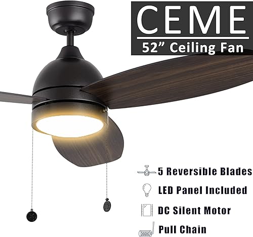 Miniatura 3 de 52 Black Ceiling Fans with Lights, 5 Speeds Reversible DC Ceiling Fan with Pull Chain, 3 Light Colors Dimmable Low Profile Ceiling Fan For Indoor &