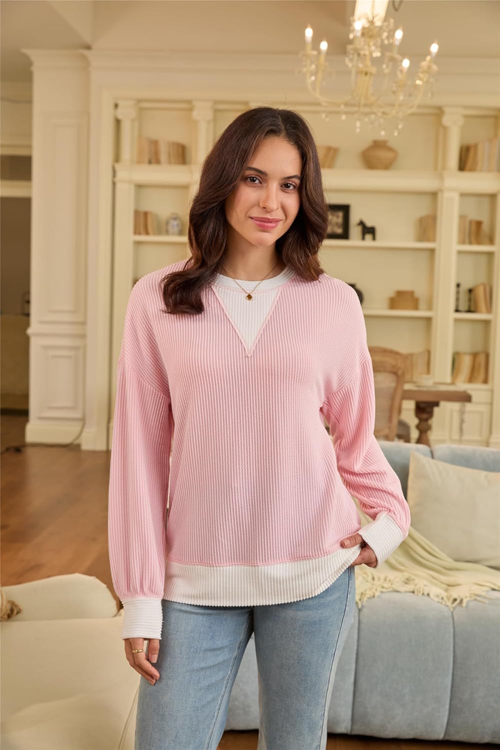 BLENCOT Long Sleeve Shirts for Women Crewneck Knitted Color Block Casual Top - Image 2