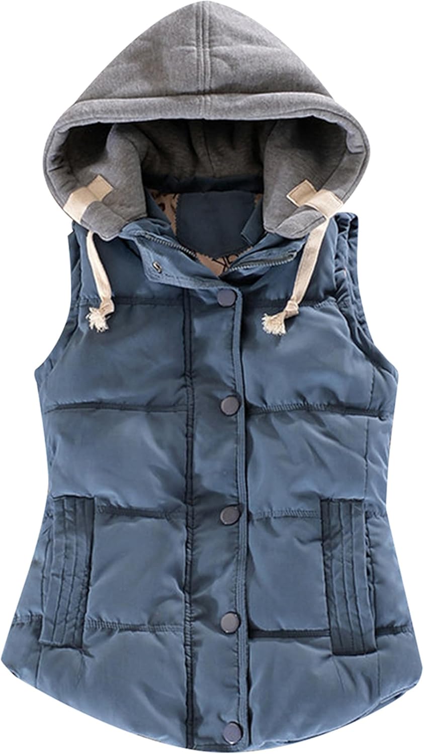 GORIFE Womens Solid Thickened Stylish Hooded Warm Vest Light Weight Fur Hood Trim Winter Down Vest
