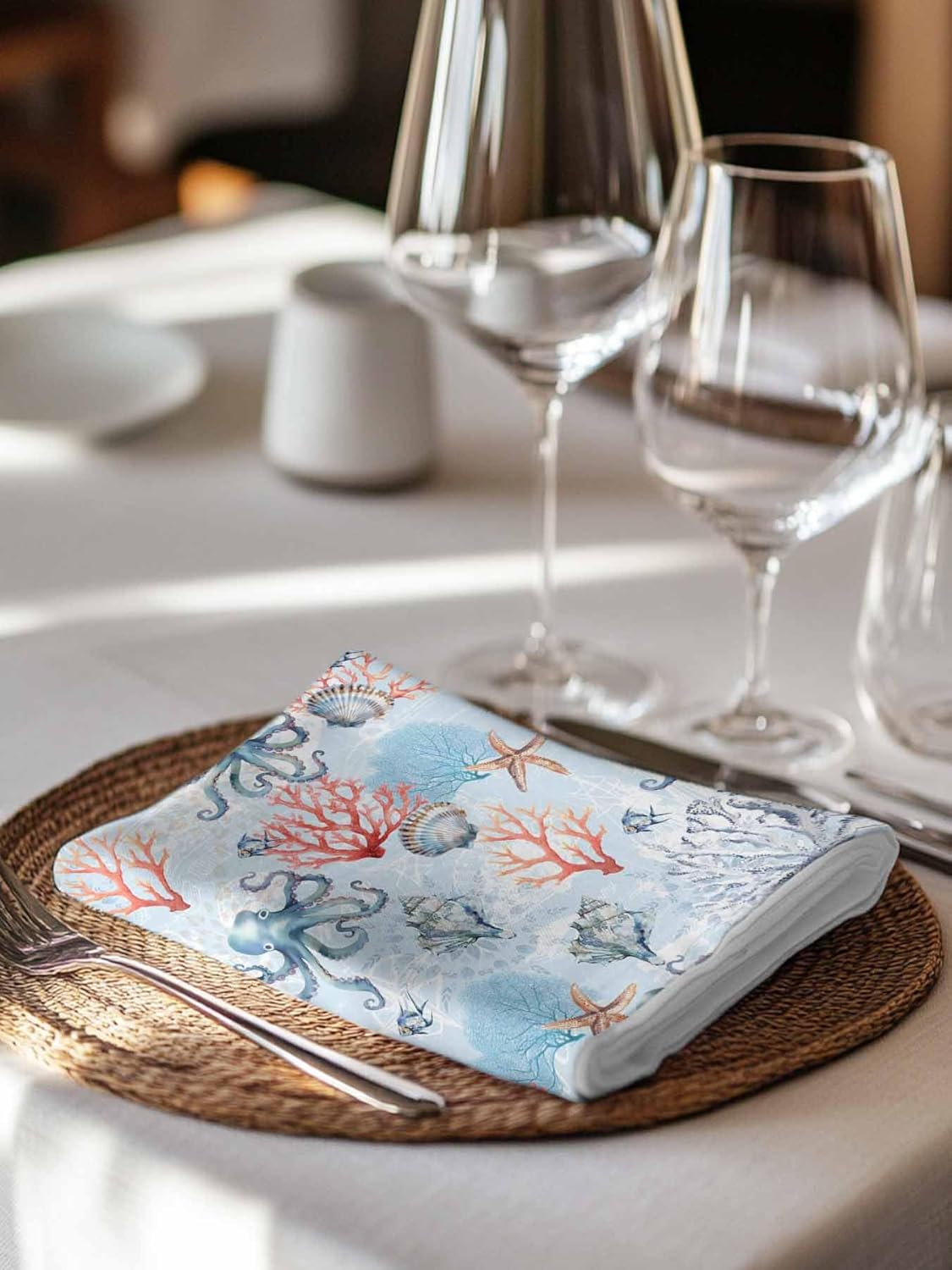 Cloth Napkins Set of 8-20x20 Inches, Blue Ocean Washable Reusable Table Napkins, Summer Coastal Beach Nautical Octopus Corals Soft & Absortbent Dining Napkin for Party Wedding Hotel Restaurant