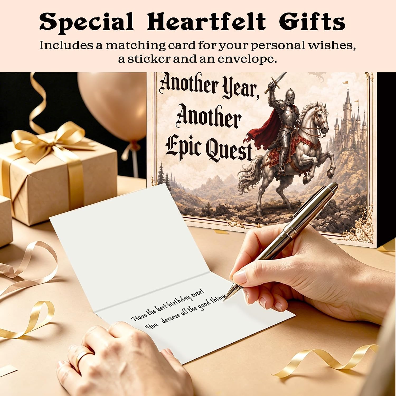 SEYSHAROON Epic Knight Birthday Gift Bag, Another Epic Quest All in One Set with Greeting Card, Sticker, Envelope, Gold Tissue Paper, Fantasy Medieval Present Wrap for Men, Husband, Boyfriend, Gamer image 4