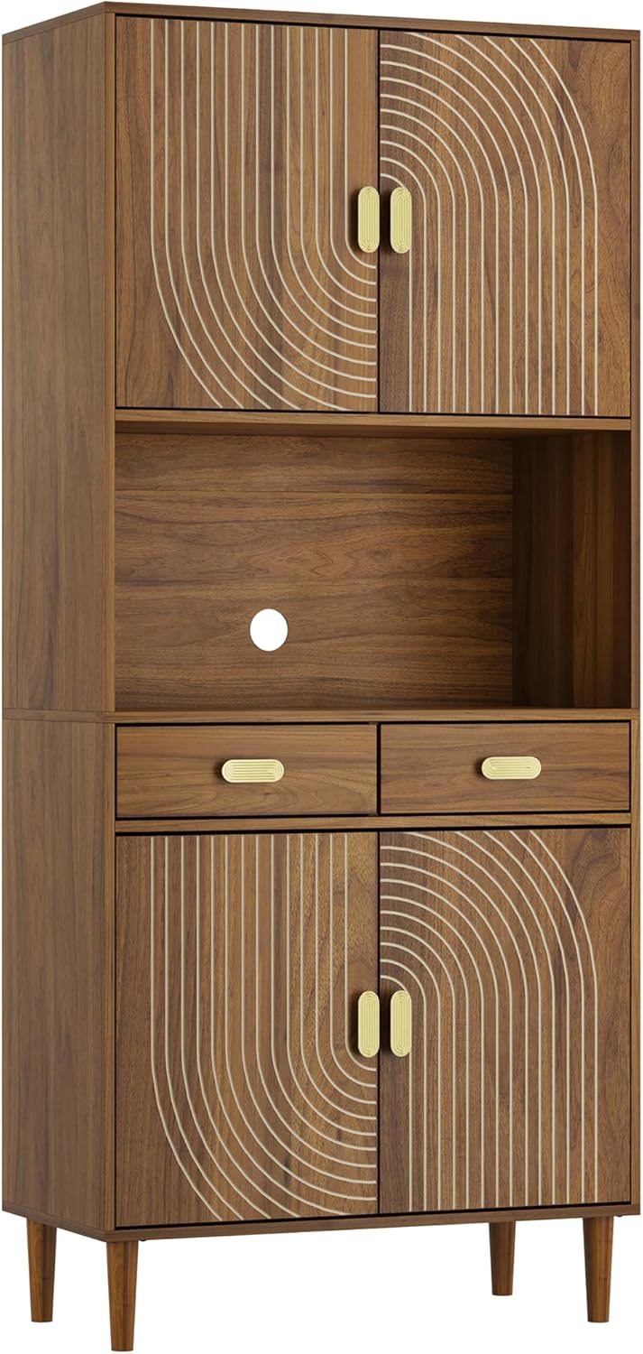 70.87" Tall Kitchen Pantry Cabinet with Line Grooved Doors & 4-Compartment Top, Storage Cupboard with 2 Drawers, Adjustable Shelves & Gold Handles for Dining Room, Bathroom, Walnut