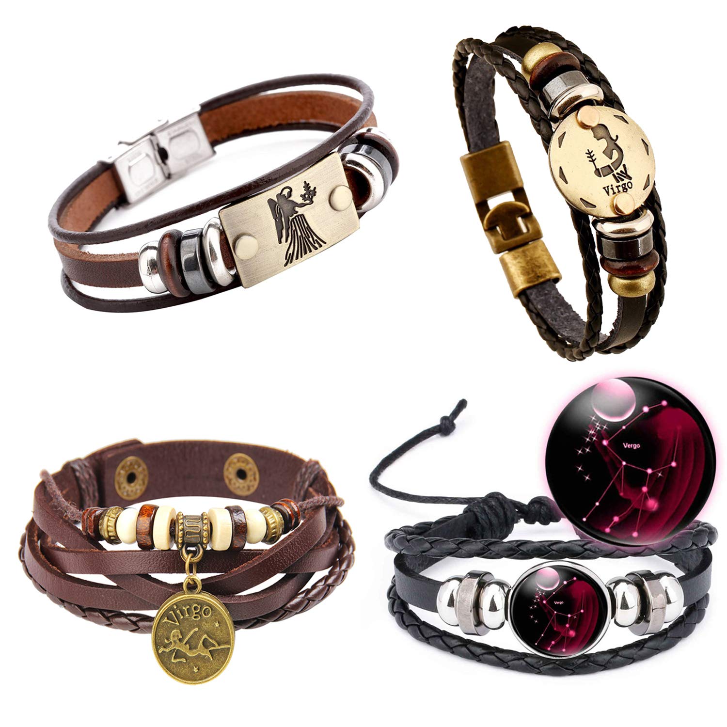 Young & ForeverGift Pack of 4 Zodiac Sign 12 Constellation Virgo Black Brown Leather Bracelet for Men Women Girl Boy Unisex