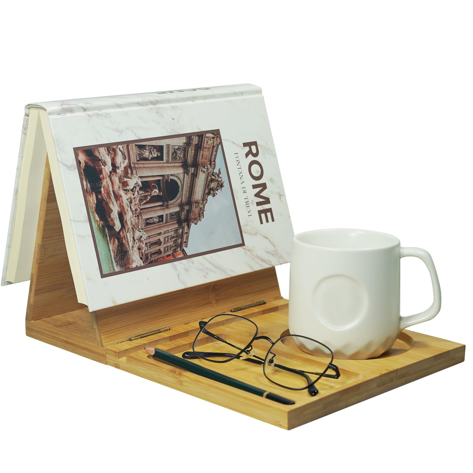 JunfireWooden Book Stand Holder for Page Rest, Unique Wood Triangle Bookrest Desktop Bookshelf with Cup, Glasses & Pen Holder, Gift for Readers, Teachers, Writers, Lovers