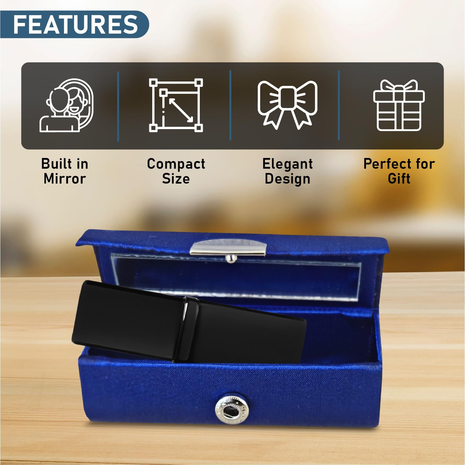 US Office Elements Elegant Dark Blue Satin Lipstick Case with Mirror Luxurious Soft Satin Lipstick Holder for Purse, Stylish Protection