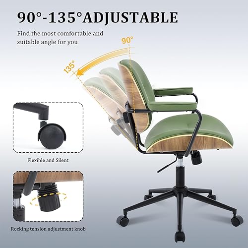 Miniatura 4 de BV Mid Century Modern - Juego de 1 silla de oficina giratoria con reposabrazos y respaldo de nogal, silla de escritorio ajustable para oficina en