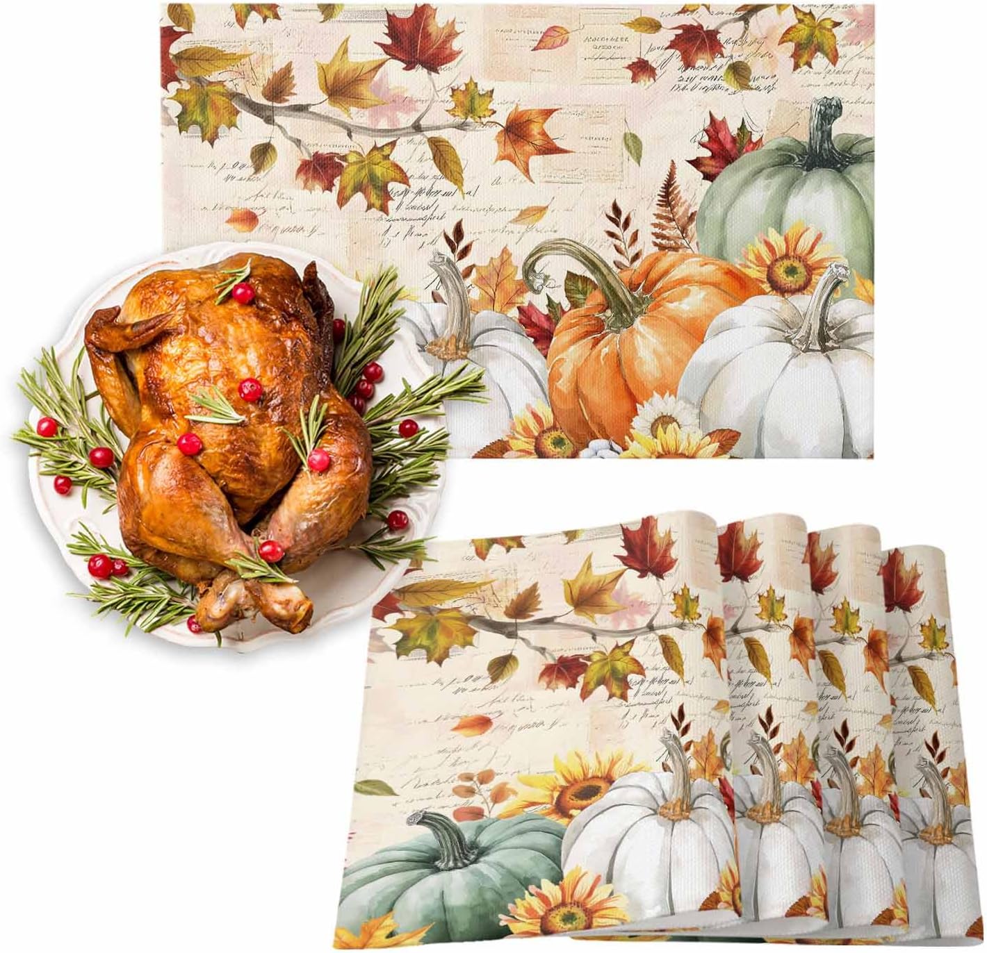 Fall Placemats Set of 8 Harvest Pumpkin Place Mats Thanksgiving Placemat Sunflower Autumn Maple Leaves Table Mats for Dining Kitchen Table Holiday Dinner Party Home Fall Decorations 13x19 Inch