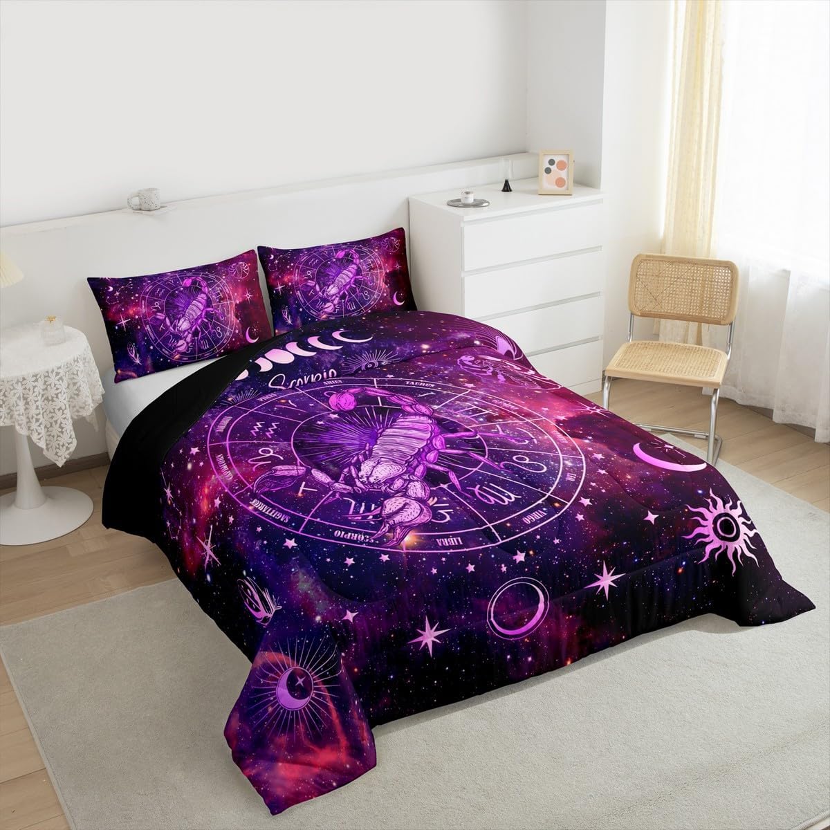 Scorpio Kids Comforter Set Full Size,Sun Moon Starry Sky Galaxy Trippy Bedding Set,Girls Boys Adults Room Decor,12 Constellations Astrology Zodiac Down Comforter,Purple Duvet Insert,2 Pillowcases