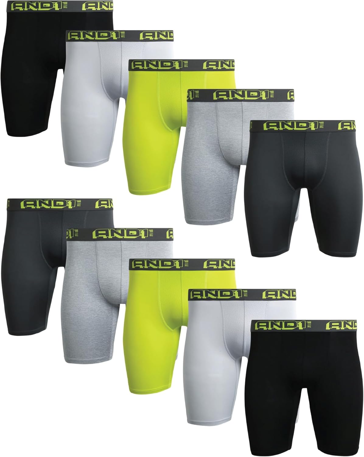 AND1 Mens Boxer Briefs - 10 Pack Performance Stretch Mens Underwear Long Leg Boxers for Men with Contour Pouch, 9" Inseam