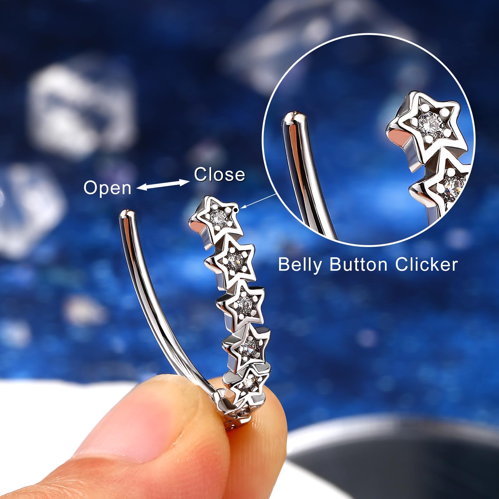 Melighting Piercing per ombelico a forma di stella, in acciaio inox, con zirconia cubica
