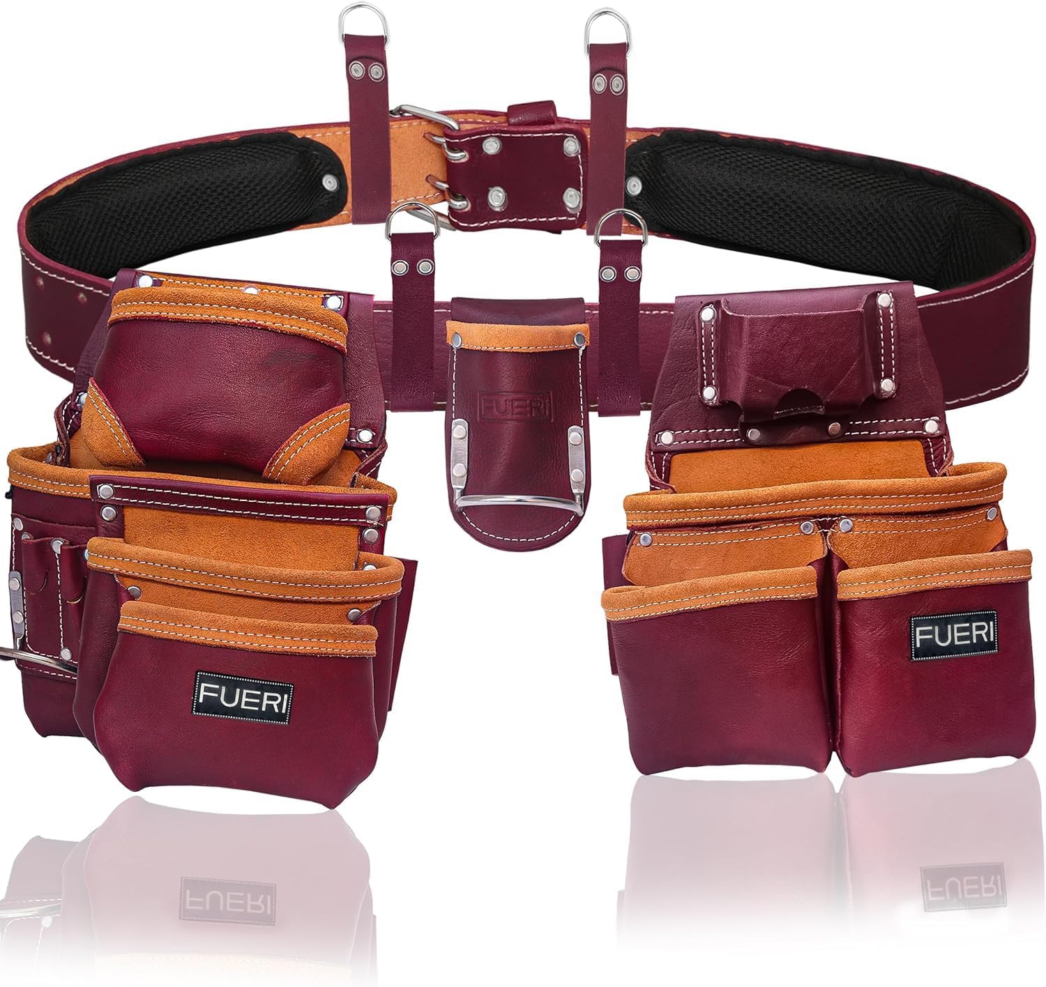 FUERI Leather Tool Belt Heavy Duty Bags Pouches for Men Construction Carpenter Electrician Framer Work - Black