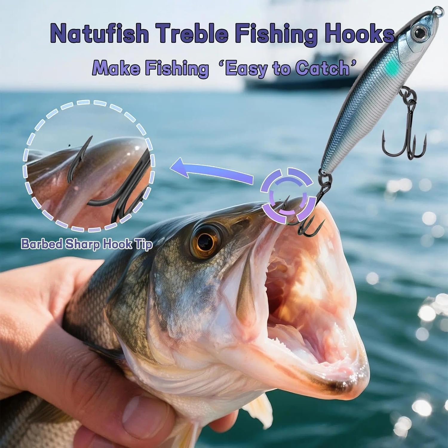 Natufish Treble Hooks Kit Mixed Sizes Strong Replacement Hooks for Lures | Treble Fishing Hooks Kit High Carbon Steel Nickel Coating Corrosion Resistant Sharp Barbed Points Round Bend Design For Lures