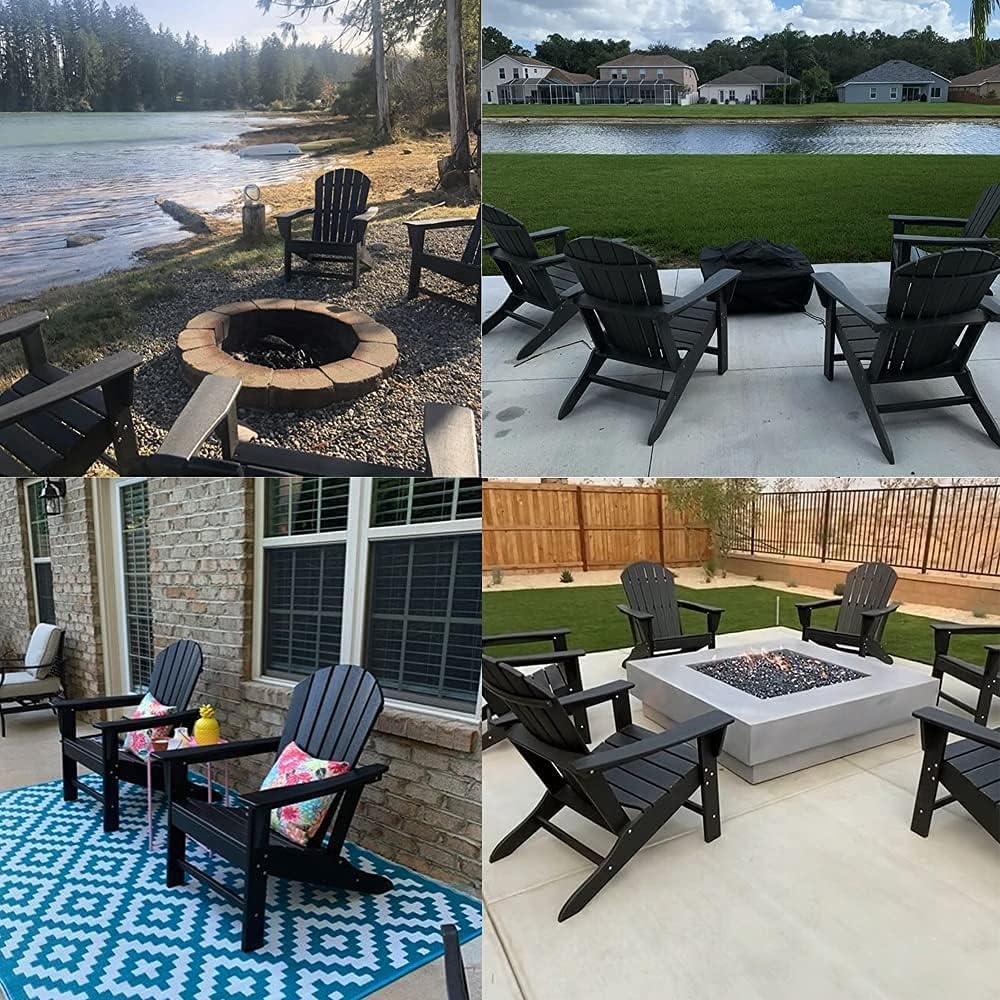 Farmhouse Adirondack Chair Wood Texture, Poly Lumber Patio Chairs, Pre-Assembled Weather Resistant Outdoor Chairs for Pool, Deck, Backyard, Garden, Fire Pit Seating, Black