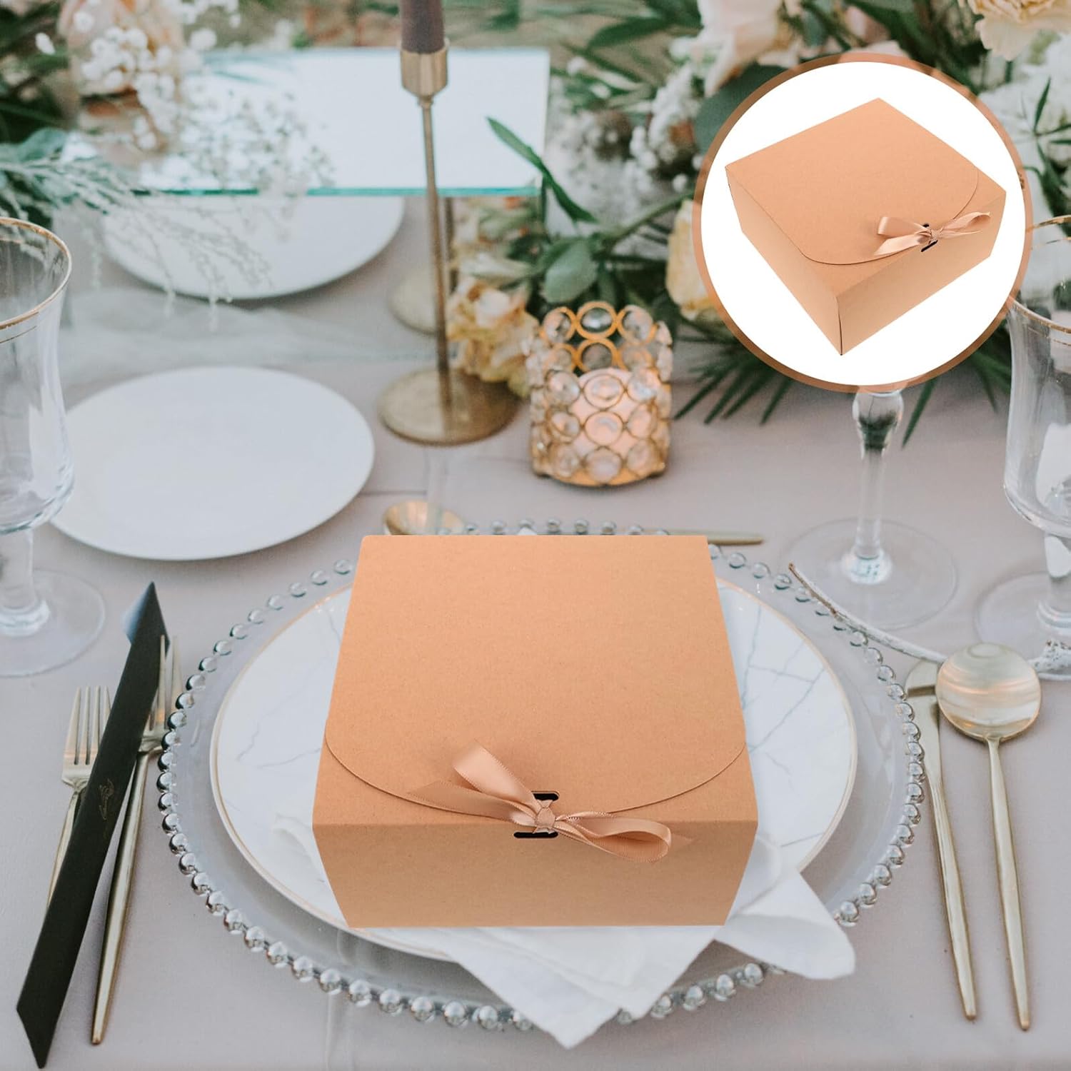 LABRIMP 10pcs Small Kraft Paper Boxes with Ribbon Bow, Decorative Lidded Packaging for Wedding Candy, Party Favors, Bridal Shower, and Birthday Treats