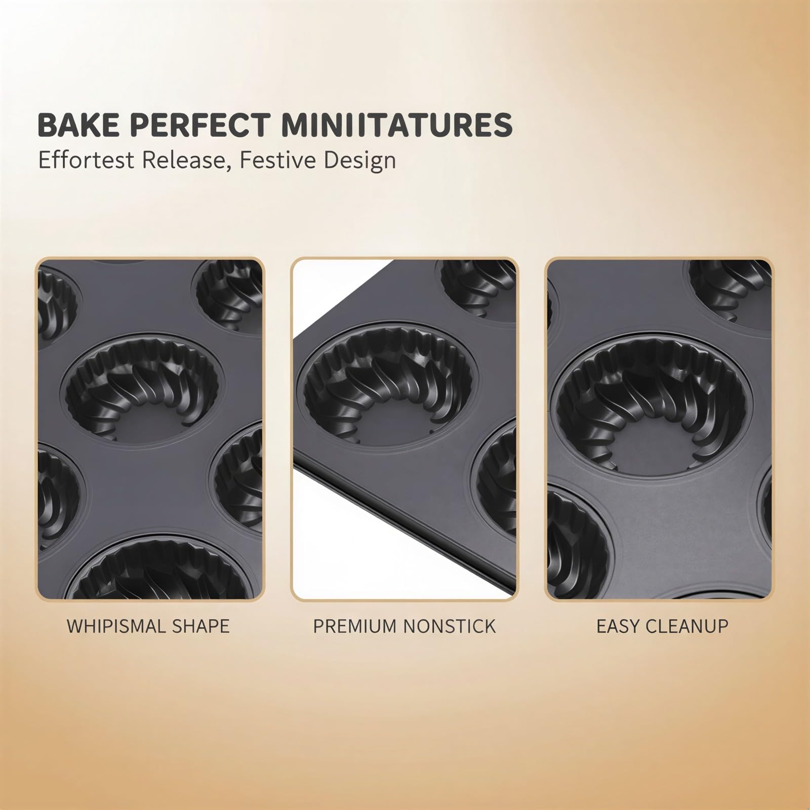 Lot de 2 moules à mini gâteaux cannelés à 12 cavités, acier au carbone épais, revêtement antiadhésif, plateau à muffins, petit moule bundtlette citrouille, gris