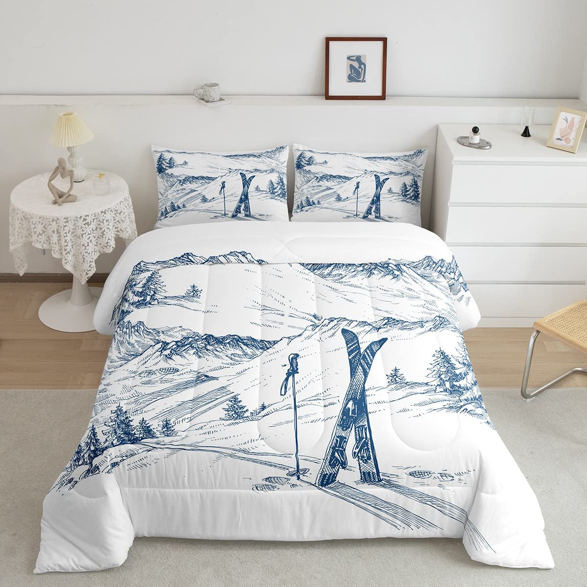 Ski Theme Comforter Set - Queen Size for Boys, Kids, Teens & Men - Winter Sports, Soft, Warm Quilted Duvet Insert