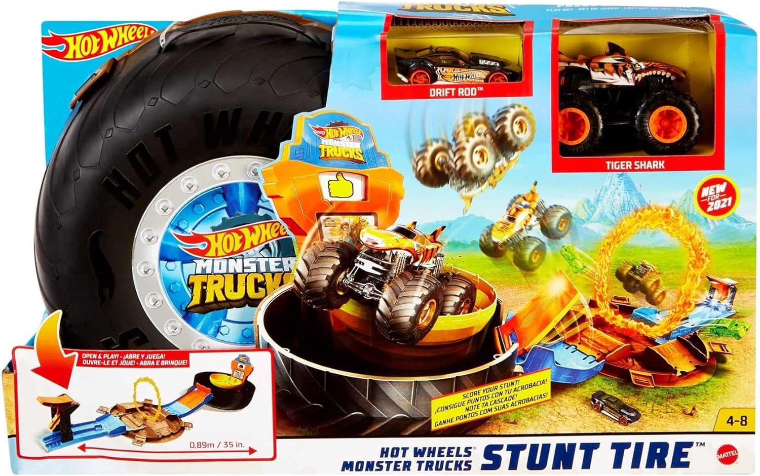 Hot Wheels Monster Trucks Stunt Tire Play Set Opens to Reveal Arena with Launcher, 1 1:64 Scale Car & 1 Monster Truck, Portable Toy Gift Set for Ages 4 to 8 Years Old, Black
