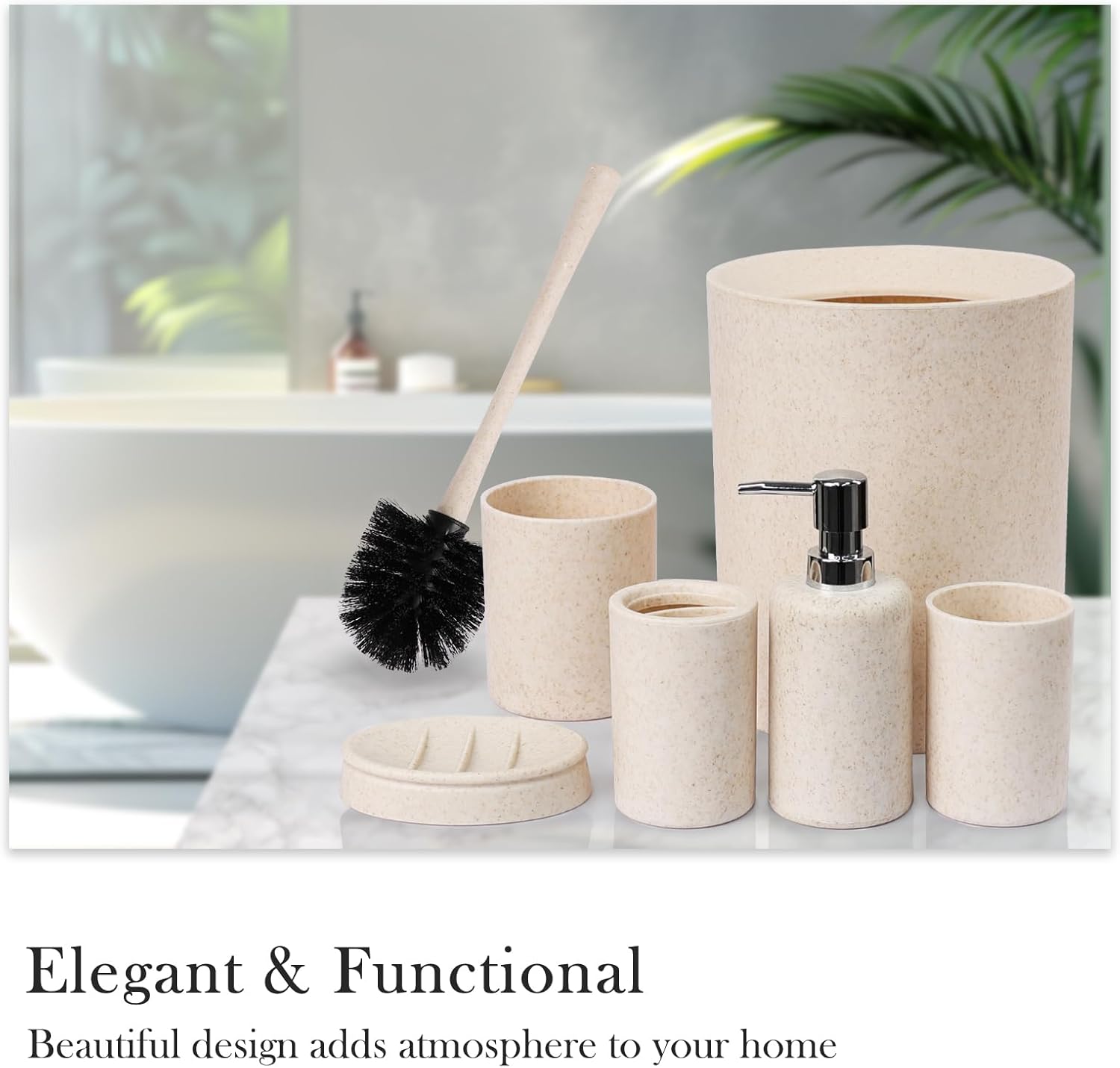 CERBIOR Bathroom Accessories Set 6 Piece Wheat Straw Bath Ensemble Includes Soap Dispenser, Toothbrush Holder, Toothbrush Cup, Soap Dish for Decorative Countertop and Housewarming Gift (Beige)