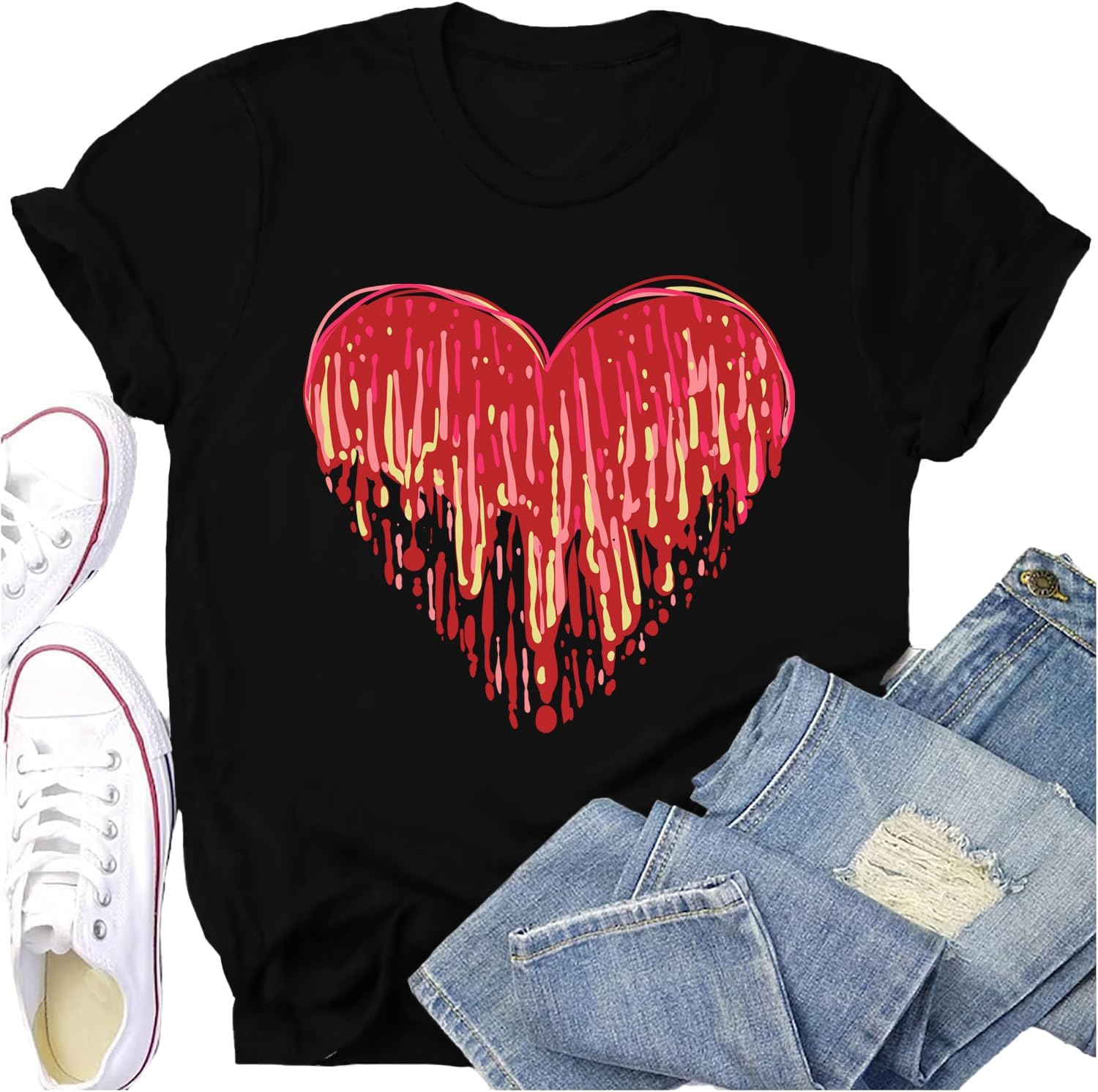 Potia Valentines Day Shirt for Women Valentines Love Heart T-Shirts Romantic Heartbeat Printed Tee Tops