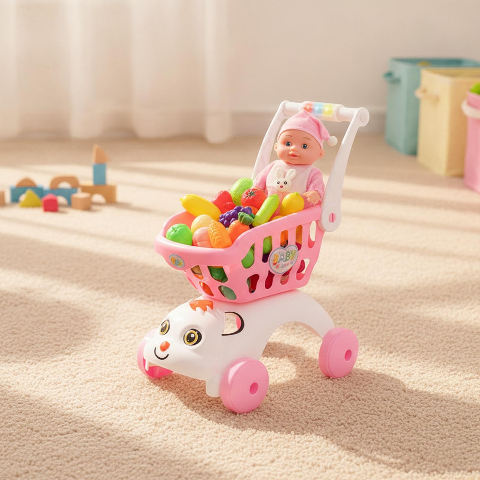 Carrello Spesa Giocattolo Sicuro Carrello Giocattolo con Prodotti Ortofrutticoli Finte Idea Regalo per Bambini, Gioco al Chiuso,