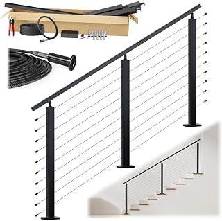 Muzata RC09 4-8ft Black Pre-Crimped Cable Railing Kit for Stairs - Complete DIY System w/ Adjustable Posts & Handrails