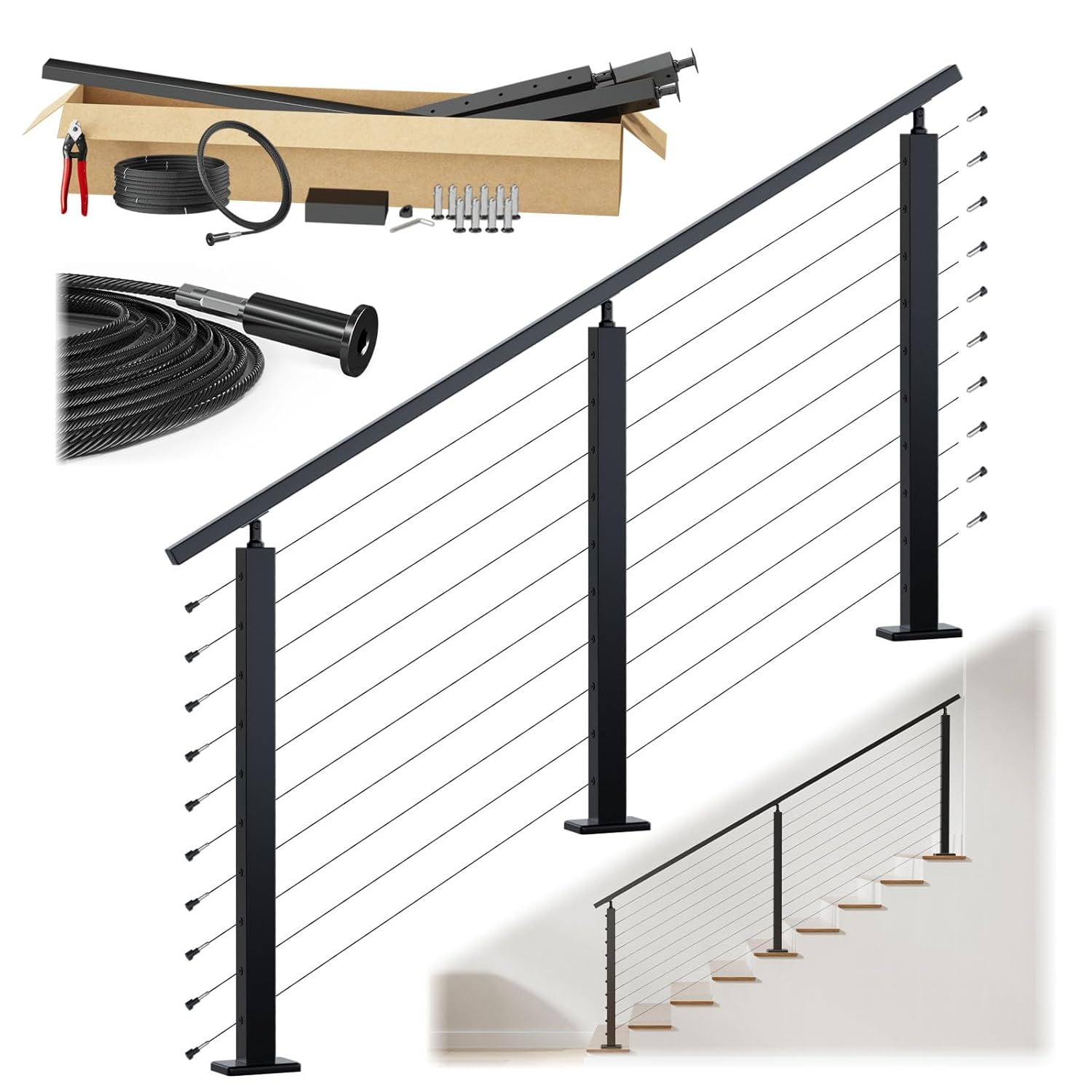Muzata RC09 4-8ft Black Pre-Crimped Cable Railing Kit for Stairs - Complete DIY System w/ Adjustable Posts & Handrails