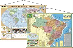 kit com 2 Mapas - 1 Brasil + 1 Mundi Banner Laminado Pronto para Pendurar - Atualizado