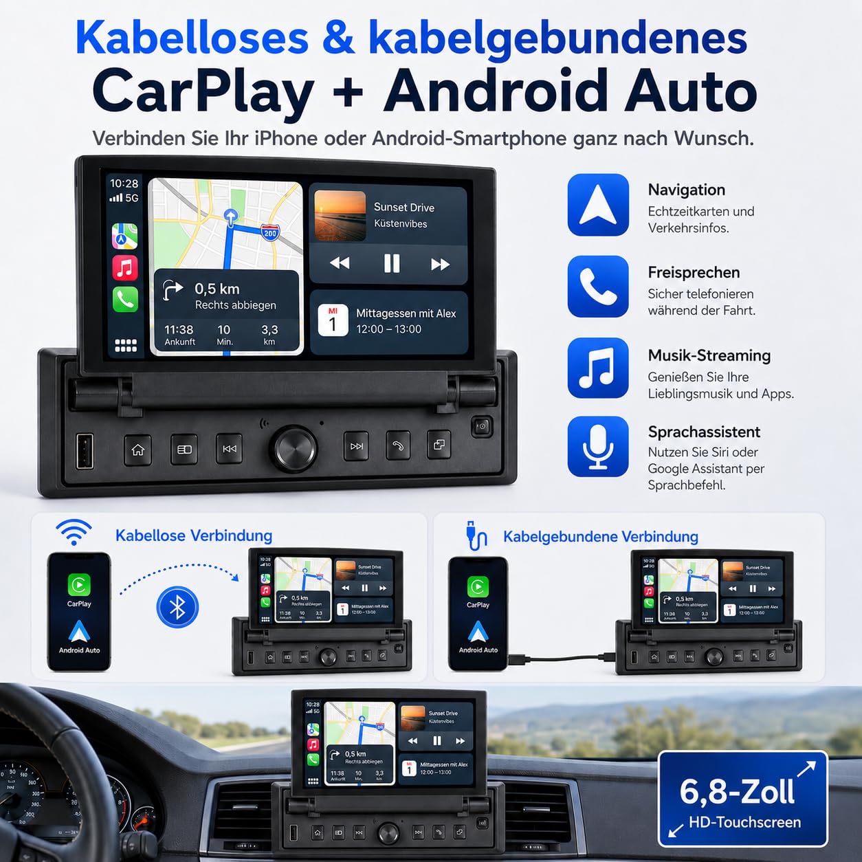 YZKONG 1 DIN Autoradio mit 6,8 Zoll ausfahrbarem Touchscreen, Linux System, Wireless CarPlay Android Auto, Bluetooth FM USB AUX, Mirror Link